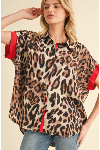 Satin Leopard Print Button Up Top