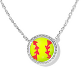 Necklace with a softball pendant featuring red stitching on a white background