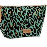 Cosmetic bag with leopard print pattern on a white background