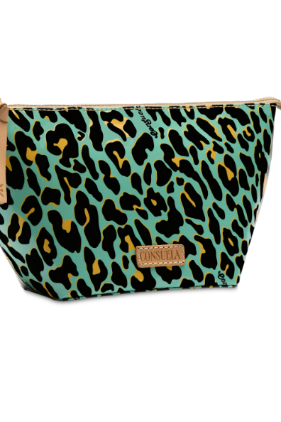 Cosmetic bag with leopard print pattern on a white background
