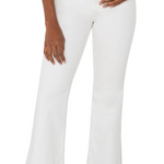 A pair of white flare jeans with a mid-rise waist and classic 5-pocket styling.