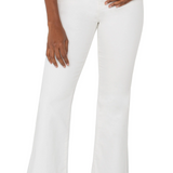 A pair of white flare jeans with a mid-rise waist and classic 5-pocket styling.