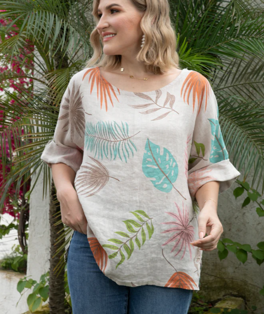 LEAF LINEN TOP in WHITE
