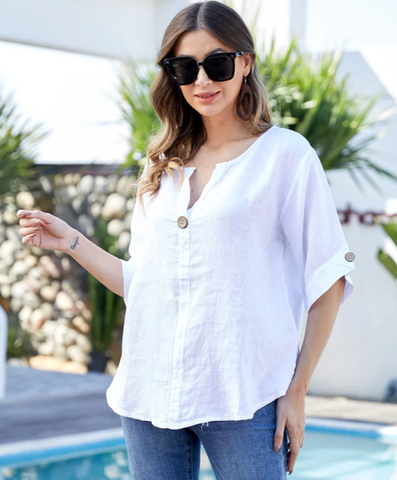 LINEN BUTTON TOP in WHITE