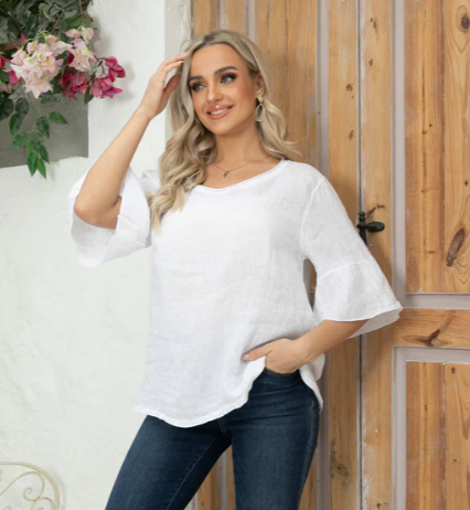 BELL SLEEVE LINEN TOP in WHITE