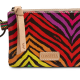 Colorful zebra-patterned pouch with a brand logo on a white background