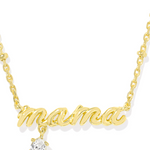A silver crystal short pendant necklace with the word 'MOM' designed in a beautiful script, attached to a chain.