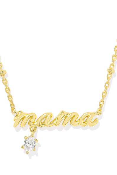 A silver crystal short pendant necklace with the word 'MOM' designed in a beautiful script, attached to a chain.