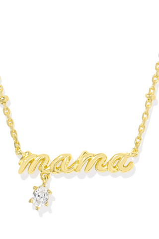 A silver crystal short pendant necklace with the word 'MOM' designed in a beautiful script, attached to a chain.