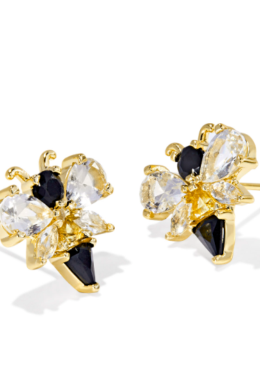 Gold and black earrings with clear stones on a white background
