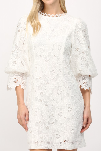 White lace dress with long sleeves on a white background