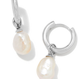 Silver hoop earrings with pearl drops on a white background