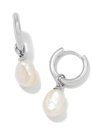 Silver hoop earrings with pearl drops on a white background