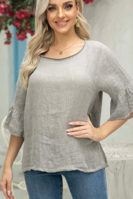 BELL SLEEVE LINEN TOP in FANGO