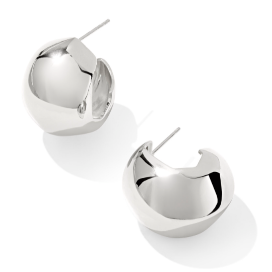 Pair of silver hoop earrings on a white background
