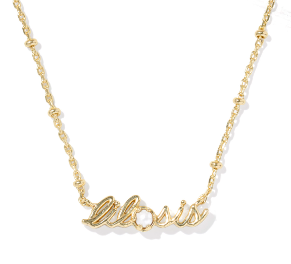 Gold necklace with 'alitosis' pendant on a white background