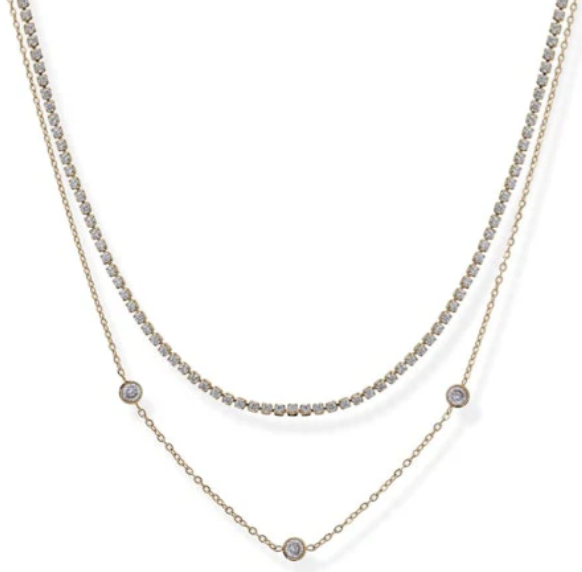 Two layered necklaces with small round stones on a white background