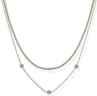 Two layered necklaces with small round stones on a white background