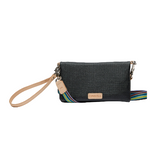 Black textured crossbody bag with a strap on a white background