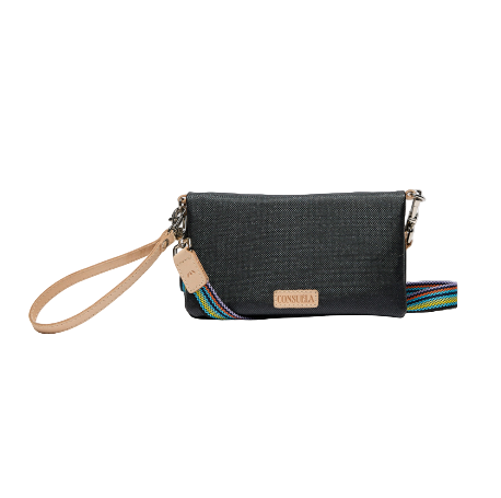 Black textured crossbody bag with a strap on a white background