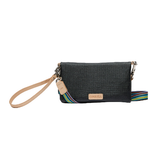 Black textured crossbody bag with a strap on a white background