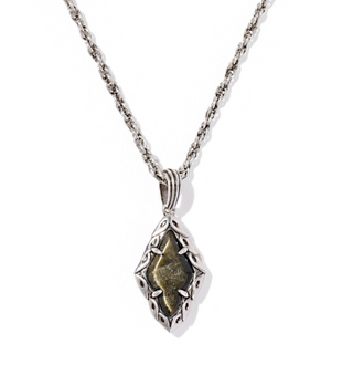 Silver necklace with a diamond-shaped pendant on a white background
