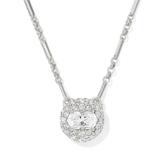 Silver necklace with a heart-shaped pendant on a white background