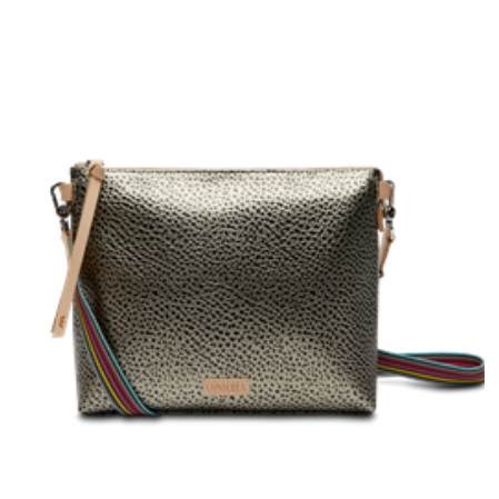 Gold textured handbag with a colorful strap on a white background