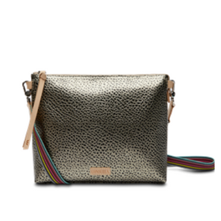 Gold textured handbag with a colorful strap on a white background