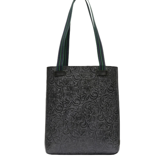 Black textured tote bag with green straps on a white background