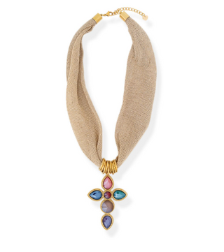 Necklace with a textured fabric strap and colorful stone cross pendant on a white background