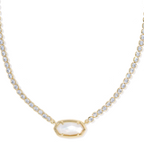 Gold necklace with a teardrop-shaped pendant on a white background
