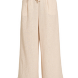Beige wide-leg pants with a drawstring waist on a white background