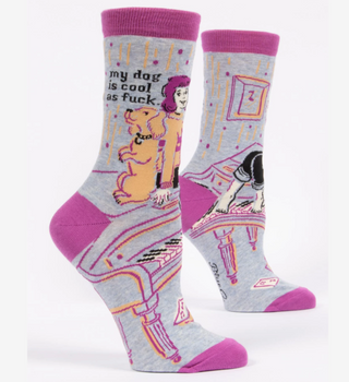 Pair of socks with dog-themed illustrations and text on a white background