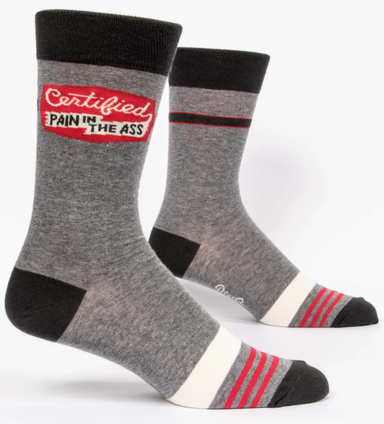 Gray socks with black and red accents on a white background