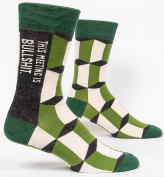 Green and white patterned socks with text on a white background
