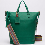 Green handbag with a colorful strap on a white background