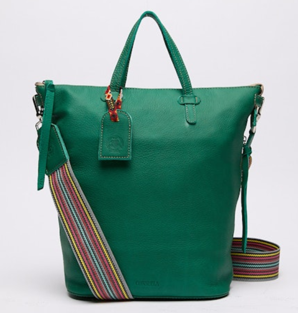 Green handbag with a colorful strap on a white background