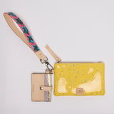 Yellow wallet with floral strap on a light gray background