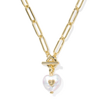 Gold chain necklace with a heart-shaped pearl pendant on a white background