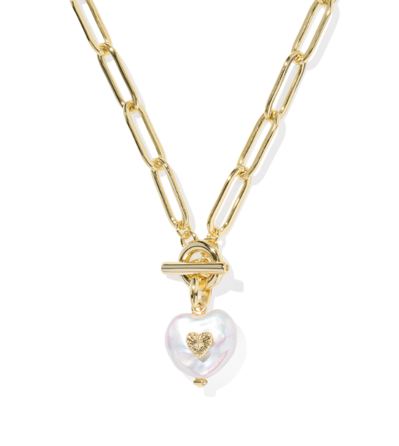 Gold chain necklace with a heart-shaped pearl pendant on a white background