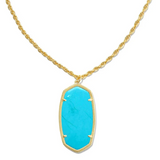 Turquoise pendant necklace with gold chain on a white background