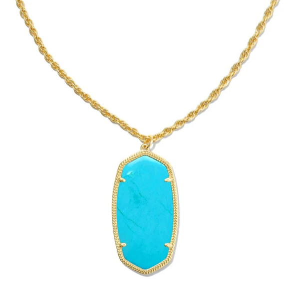 Turquoise pendant necklace with gold chain on a white background