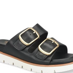 Black sandal with gold buckles on a white background