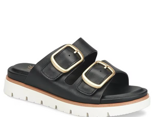 Black sandal with gold buckles on a white background
