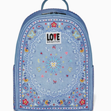 Blue backpack with floral patterns and 'LOVE Brighton' logo on a white background