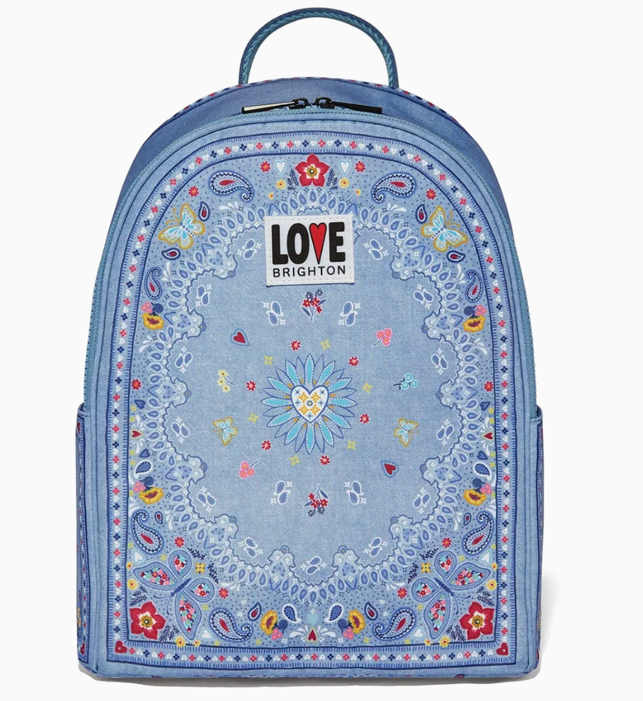 Blue backpack with floral patterns and 'LOVE Brighton' logo on a white background