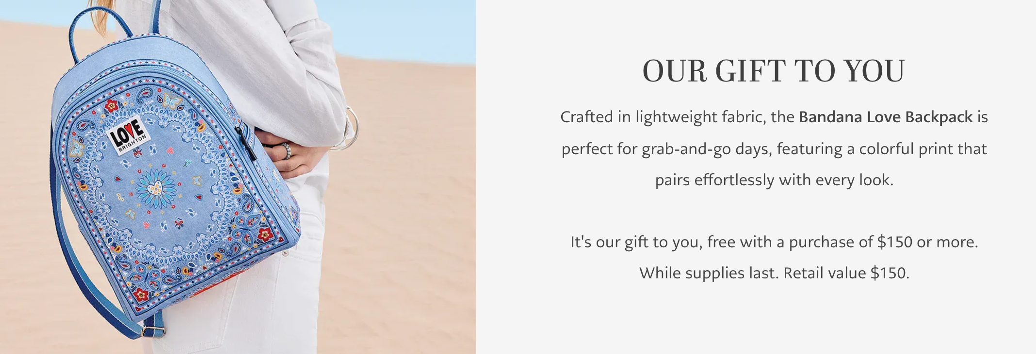 Person holding a blue backpack with colorful patterns in a desert setting, promotional text about the backpack.