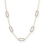 Gold chain necklace with rectangular links on a white background