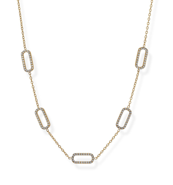 Gold chain necklace with rectangular links on a white background